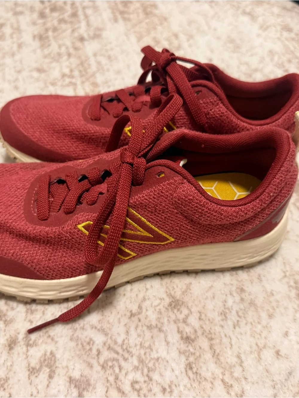 New Balance Men's Burgundy Knit Athletic Shoes with Yellow Accents